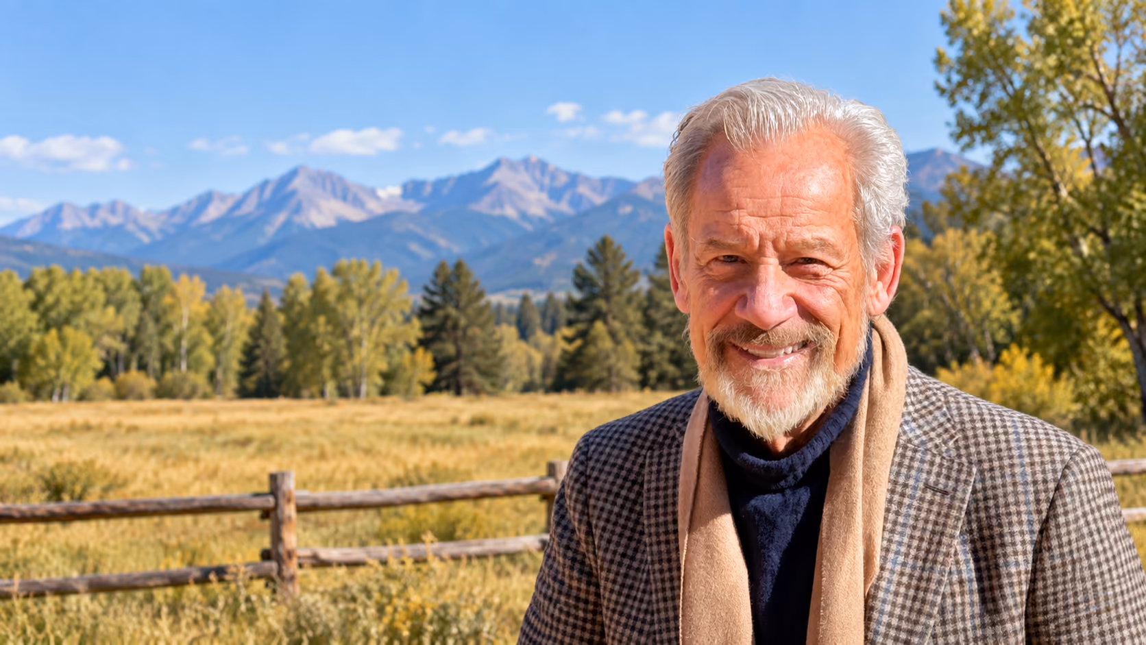 Doug Tisdale in a semi-rural Colorado landscape with mountains and a split-rail fence