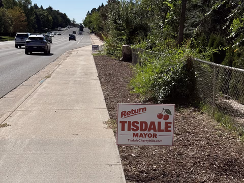 A Doug Tisdale sign beside a sidewalk and trees.