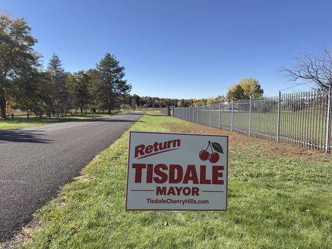 A Doug Tisdale yard sign beside an open lawn and a tree-lined road.