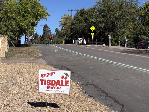 A Doug Tisdale sign beside a road beneath a clear blue sky.